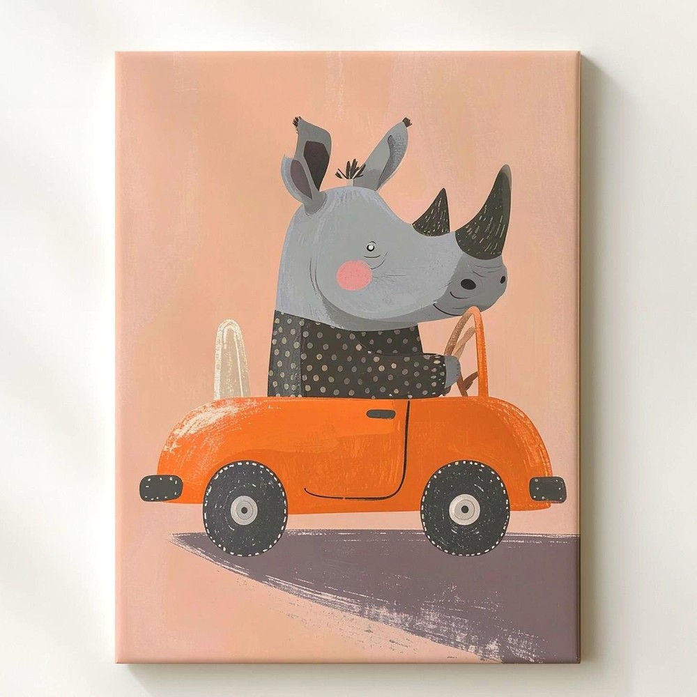 Happy Rhino In Convertible Canvaswhimsical Kids’ Wall Art