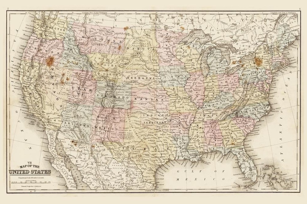 United States of America 1867 Antique Style Map Art Print Poster 24×36