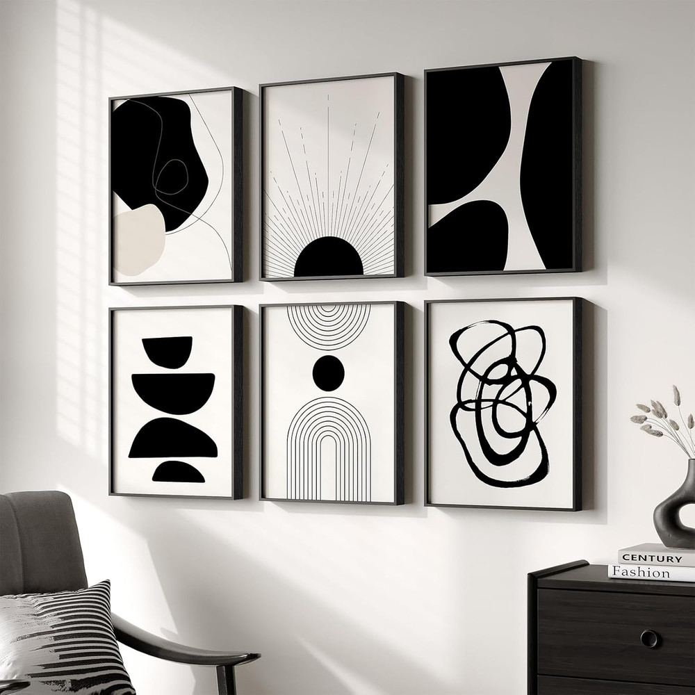 Set of 6 Framed Boho Black & White Abstract Canvas Prints for Home Decor