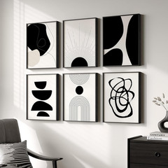 Set of 6 Framed Boho Black & White Abstract Canvas Prints for Home Decor