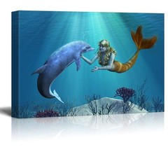 wall26 – Canvas Prints- A Friendly Dolphin Greets a Mermaid Undersea – 24″ x 36″