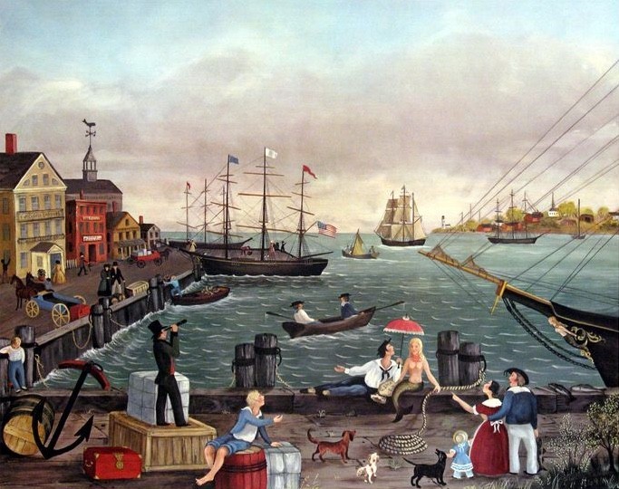 Ralph Cahoon : Dockside : Harbor Folk Art Nautical Ships and Figures Art Print