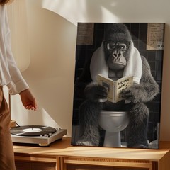 Funny Gorilla Reading Book Bathroom Humor Canvas Wall Art Modern Animal Home