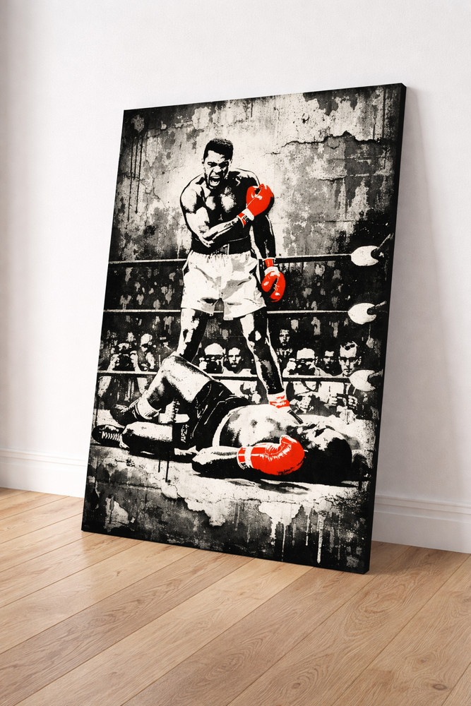 Iconic Boxing Moment Canvas | Black & White Fighter Art with Red Gloves 24×36