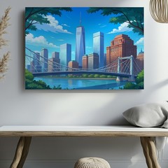 Modern City Skyline Canvas Wall Art with Bridge and River Urban Landscape Print