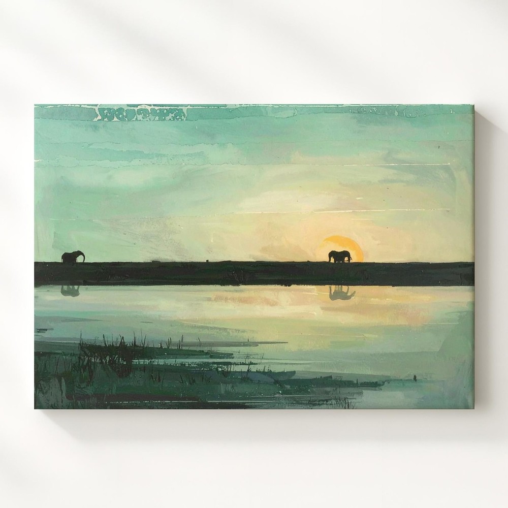 Elephant Sunrise Reflection Canvasminimalist Wildlife Landscape Art Wall Art