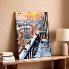 Wall Art Winter City Street Oil Painting Snowy Town Reflection Landscape Decor