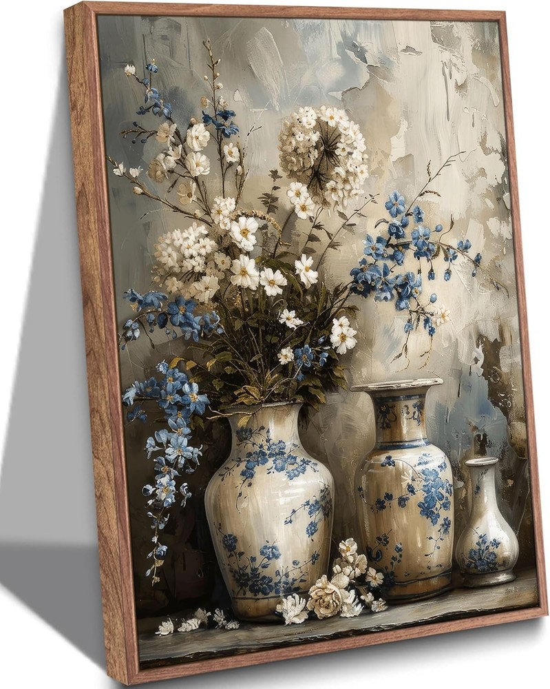 Framed Rustic Farmhouse Floral Canvas Wall Art Blue and White Vase Poster Prints