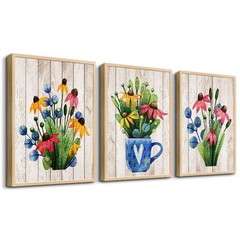 Natural Wood Framed Vintage Wood Grain Plant Flowers Wall Art For Kitchen Wal…