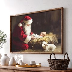 Santa Kneeling Nativity Scene Canvas Print | Christian Christmas Wall Art