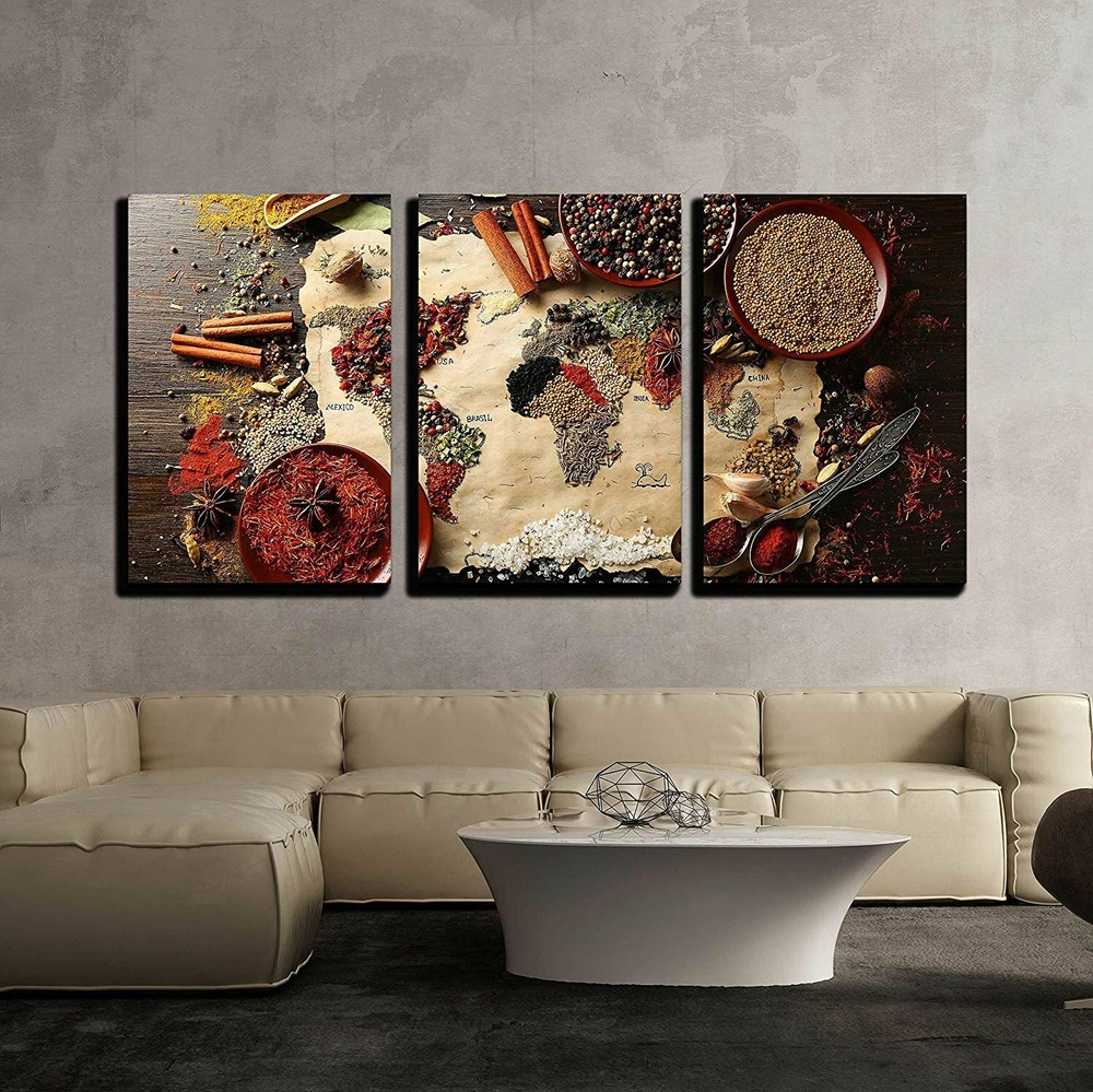 wall26 – World Map Made from Spices – Canvas Wall Art Home Decor 3 Panels