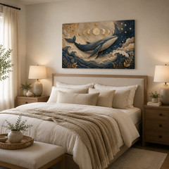 Celestial Whale Canvas Wall Art Moon Phase Ocean Nautical Blue Gold Wall Decor