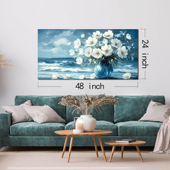 Blue and White Flower Canvas Wall Art for Living Room and Bedroom, 48×24 Inches