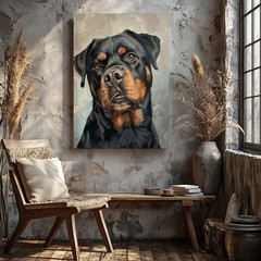 Rottweiler Dog Canvas Wall Art Oil Painting Style Animal Portrait Decor Print