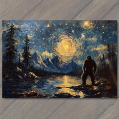 Art Print Bigfoot Under Starry Sky Majestic Night Scene Lake Forest Mountains