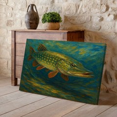 Large Northern Pike Fish Canvas Wall Art Rustic Fishing Lake House Decor Print