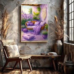 Wall Art Purple Boho Patio Sofa Lavender Plants Watercolor Home Decor Print
