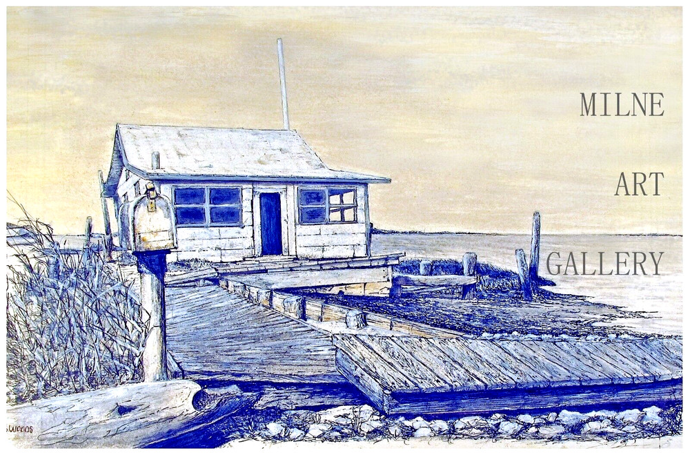 SHACK ON BAY 8″x10″ Print & Card, Pen Ink Art by Seller/Shack on Barnegat Bay NJ