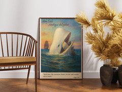 Moby Dick Attacking A Whaling Boat Color Art Poster, Moby Dick art poster