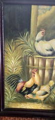 Vtg Rooster Chickens Farm Life Oil Painting on Canvas Frame 30X20.5″ Art 25X16″
