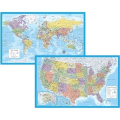 2 Pack – Laminated World Map & US Map Poster Set – Wall Chart Map of the World