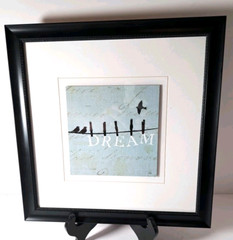 Dream Birds on a Wire Framed Wall Art 12 x 12 Blue Script Background Black Frame