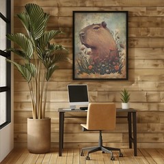 Retro CAPYBARA FLOWER Wall Art, Botanical Floral Wildlife Rodent Nature Poster