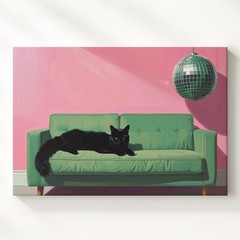 Disco Cat On Green Couch Canvasplayful Retro Minimalist Wall Art