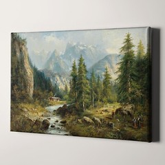 Vintage Rustic Mountain Landscape Forest Cabin Decor Canvas Wall Art Print