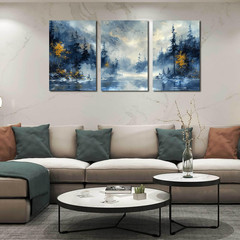 Blue Forest Trees Canvas Art – 3 Piece Set for Living Room & Office Decor