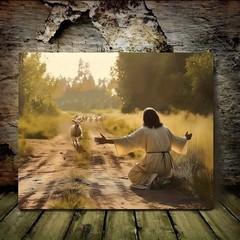 Jesus Welcoming Lost Sheep Canvas Wall Art, Inspirational Christian Decor
