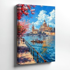 Wall Art Canal Cityscape Painting Blooming Trees Waterfront Architecture Decor