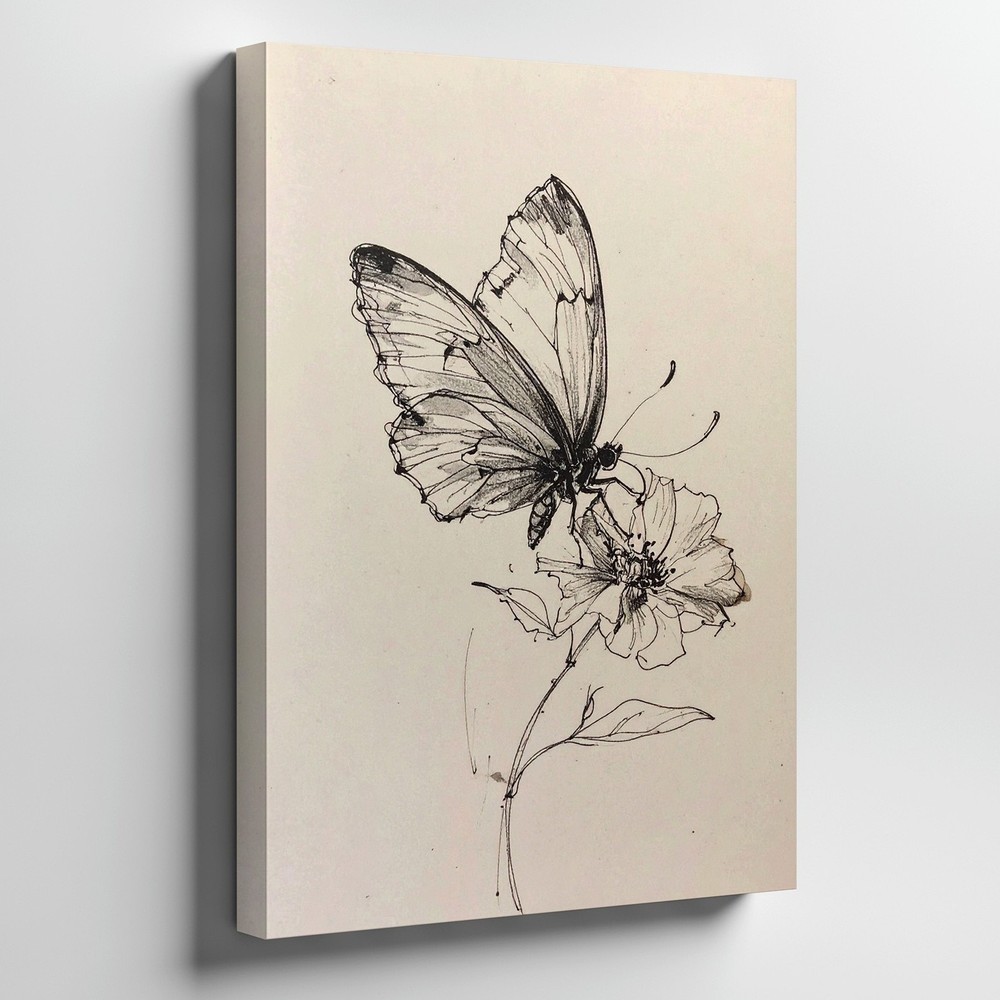 Canvas Wall Art a Delicate Black Ink Sketch of a Butterfly Perched on a Flower