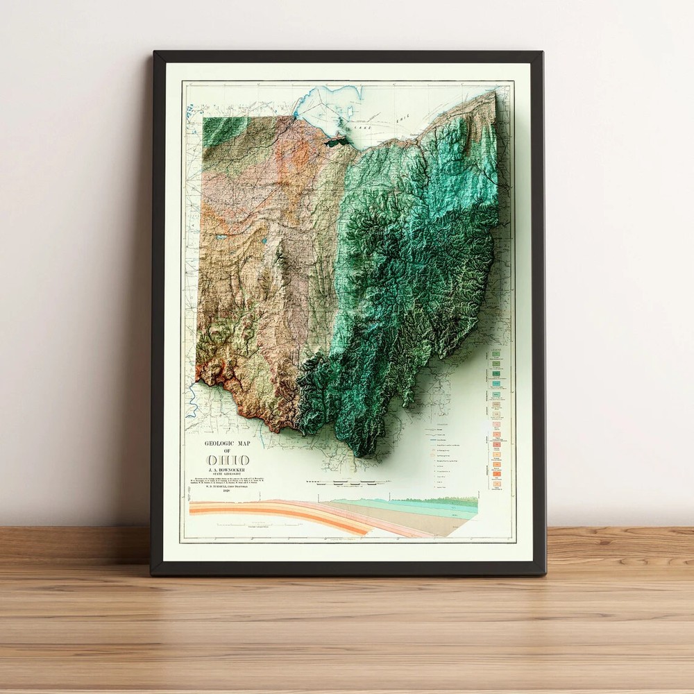 Ohio Map, Ohio 2D Relief Map, Ohio Vintage Map – 2D Flat Print