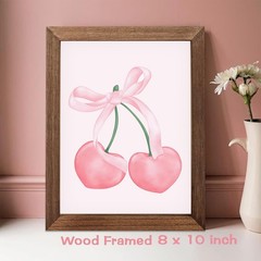 Pink Bows Heart Cherry Canvas Wall Art, Wood Framed Cute Trendy Coquette Prep…