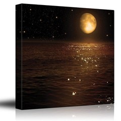Gold Moon and Bright Stars Illuminating the Ocean at Night – Canvas Art – 16×16
