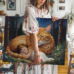 Moonlit Guardianship Canvas Giant Ginger Cat Protecting Sleeping Woman In The