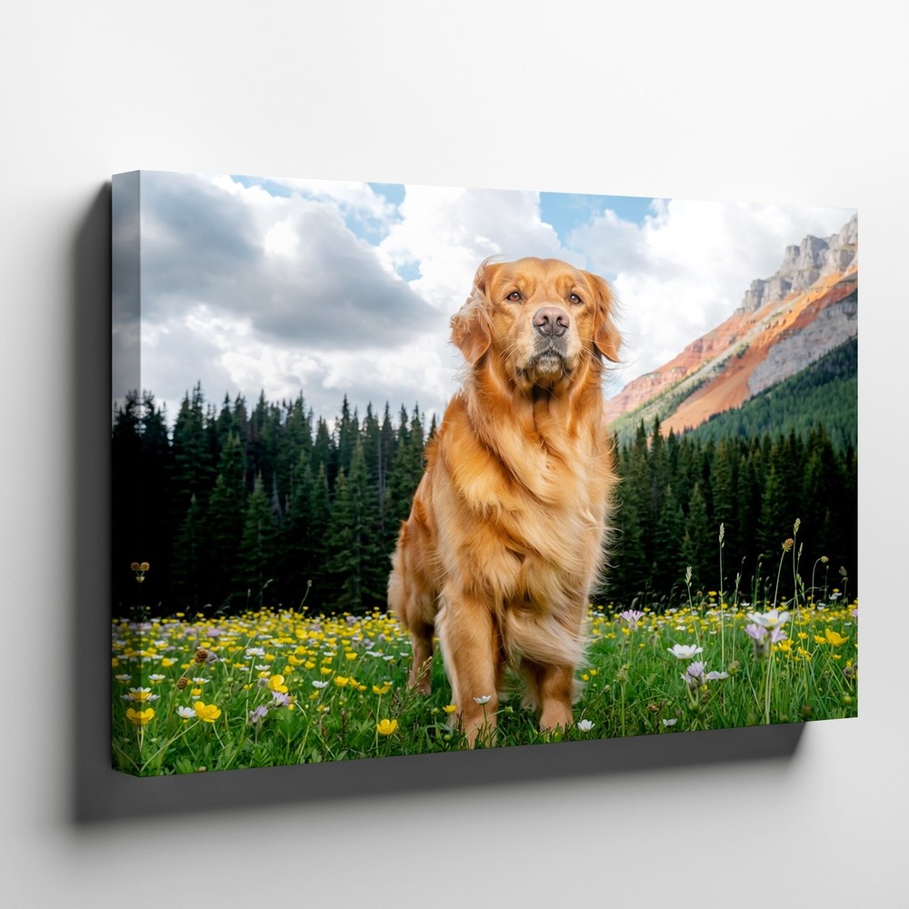Golden Retriever Canvas Wall Art Meadow Mountain Landscape Nature Wildlife Print
