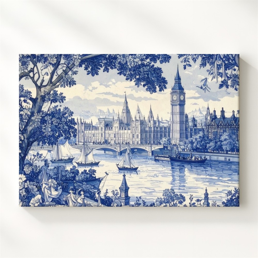 Wall Art Blue & White Thames Toile Canvas Classic London Landscape Art