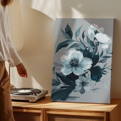 Modern Floral Watercolor Canvas Soft White Flowers & Teal Leaves Capture The