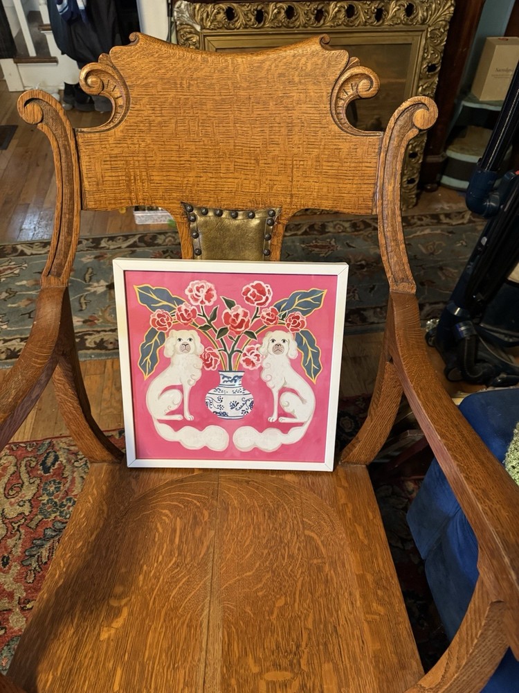 Sapna Shah Chinoiserie Twin White Pekingese Framed Pink Artwork