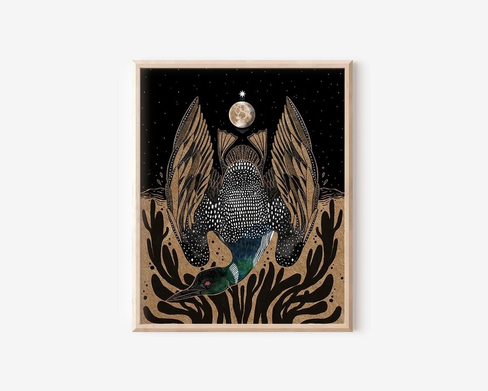 Loon and Full Moon Poster – Whimsical Bird Folk Art Wall Print Decor