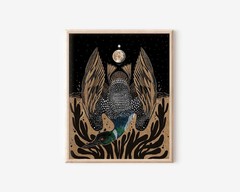 Loon and Full Moon Poster – Whimsical Bird Folk Art Wall Print Decor