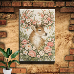 Floral Deer Wall Art Vintage Animal Canvas Print Farmhouse Rustic Decor