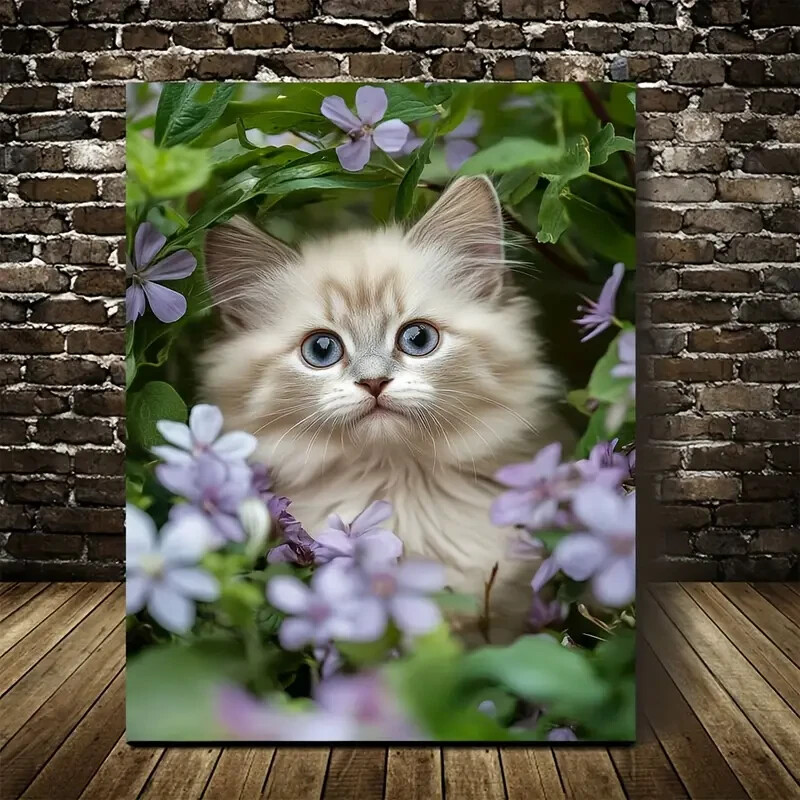 Beautiful Cute Ragdoll Kitten with Flowers Painting Metal Print Ready to Hang