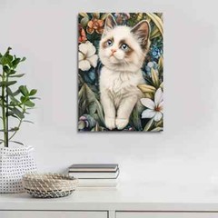 Cute Ragdoll Kitten with Flowers & Plants Painting Metal Print Ready to Hang