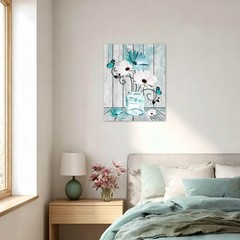 Teal Floral Wall Art for Living Room Blue and White Daisy Flower with Butterf…