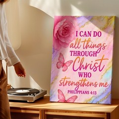 Wall Art Christian Bible Verse Philippians 413 Pink Rose Butterfly Print Decor