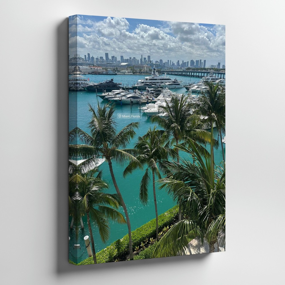 Miami Skyline And Marina Canvas Wall Art With Tropical Palm Trees Print Home