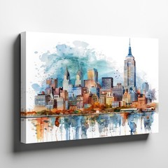 New York City Skyline Watercolor Canvas Wall Art Urban Landscape Decor Print